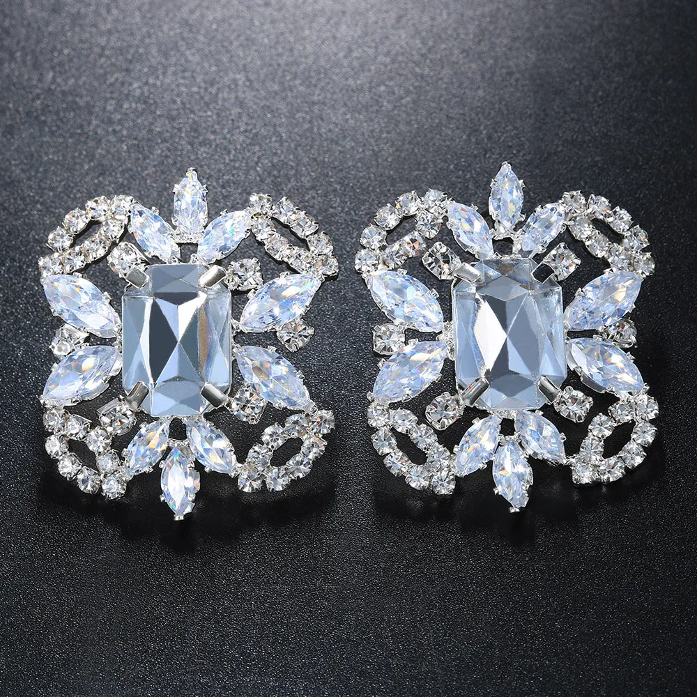 Stonefans New Square Clip Earrings No Hole Wedding Jewelry Women Large Clear Crystal Rhinestone Clip on Earrings Ear Women