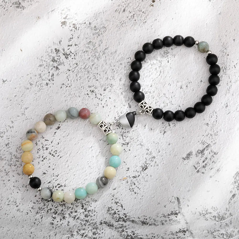 2Pcs/Set Couple Bracelets Natural Stone Beads Heart Shaped Distance Magnet Attraction Bracelet for Lovers Jewelry Gifts 2024 New