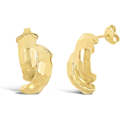 Italian 14K Yellow Gold Shiny Entwined Hammered Flat Quarter Hoop Stud Earrings