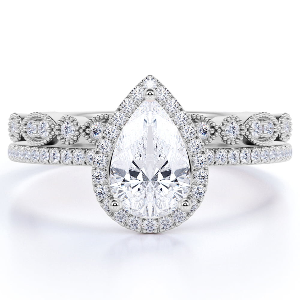1.25 Carat Pear Cut Moissanite Wedding Ring Set in 18K White Gold over Silver