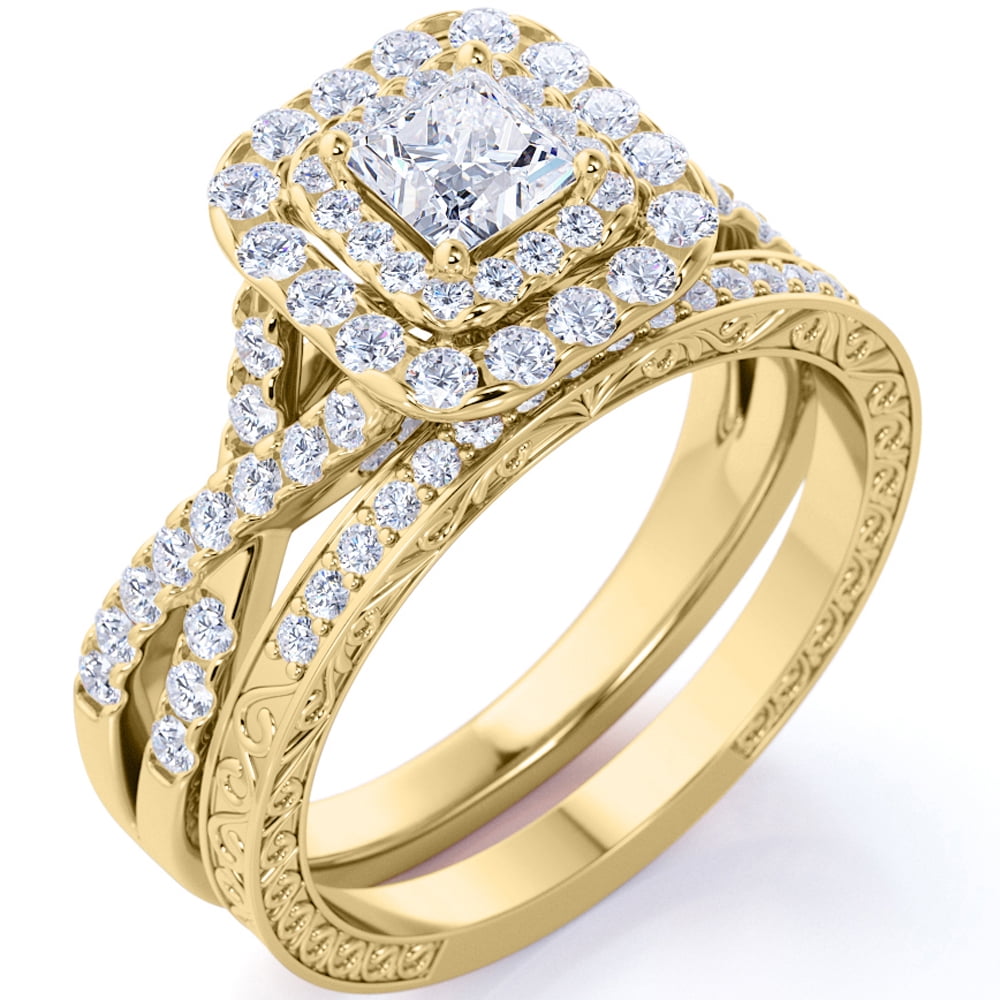 1.25 Ct - Square Moissanite - Double Halo - Twisted Band - Vintage Inspired - Pave - Wedding Ring Set in 18K Yellow Gold Plated for Women