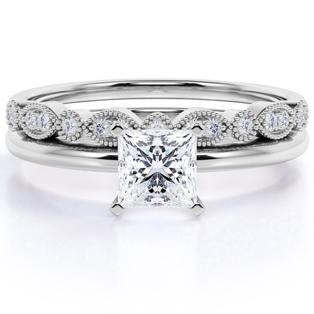 1.5 Carat Art Deco Princess Cut Moissanite Wedding Ring Set in 18K White Gold over Silver