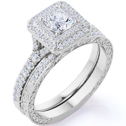 1.75 Ct - Square Cut Moissanite - Pave Set - Split Band - Double Halo Engagement Ring - Bridal Set - 18K White Gold over Silver