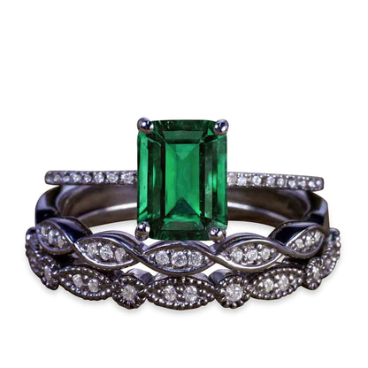 2.25 Carat Rectangle Vivid Lab Created Green Emerald Trio Wedding Ring Set in 18K Black Gold over Silver