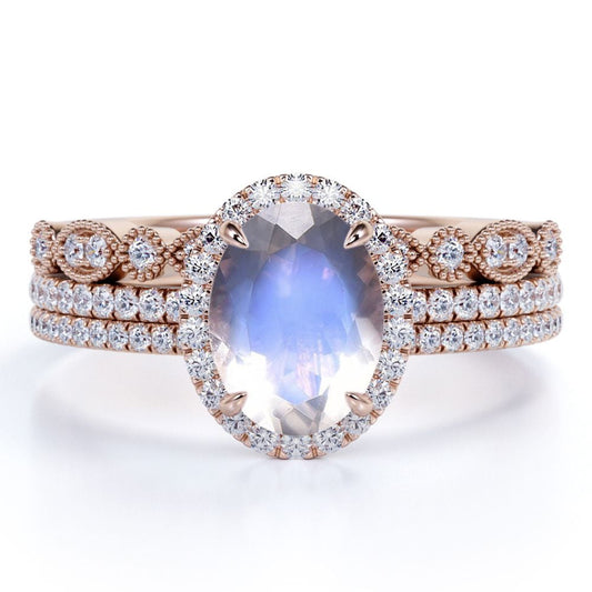 2 Carat Oval Rainbow Moonstone and Moissanite Split Shank Trio Wedding Ring Set in 18K Rose Gold over Silver