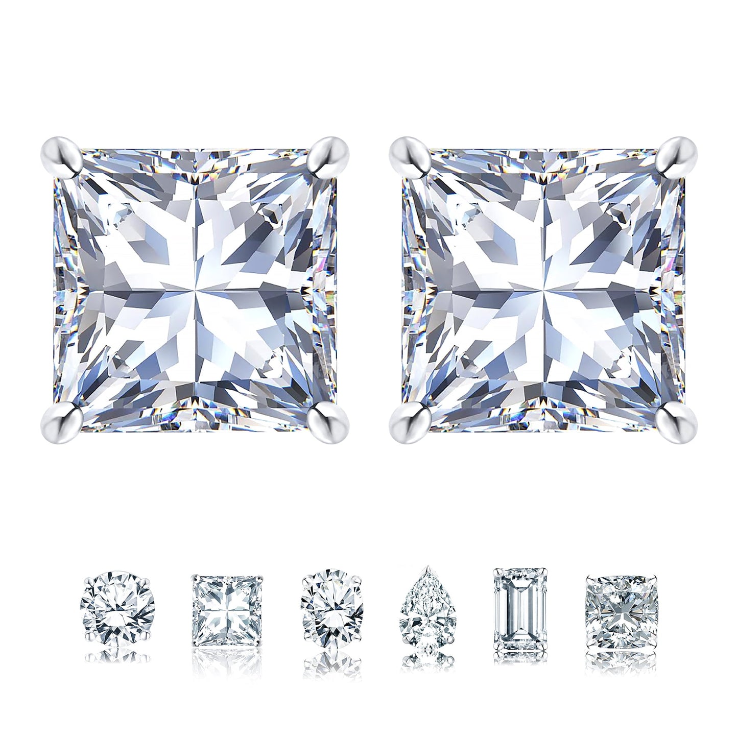 2 Carat Princess Cut Moissanite 4 Prong Solitaire Stud Earrings in 18K White Gold Plating for Women