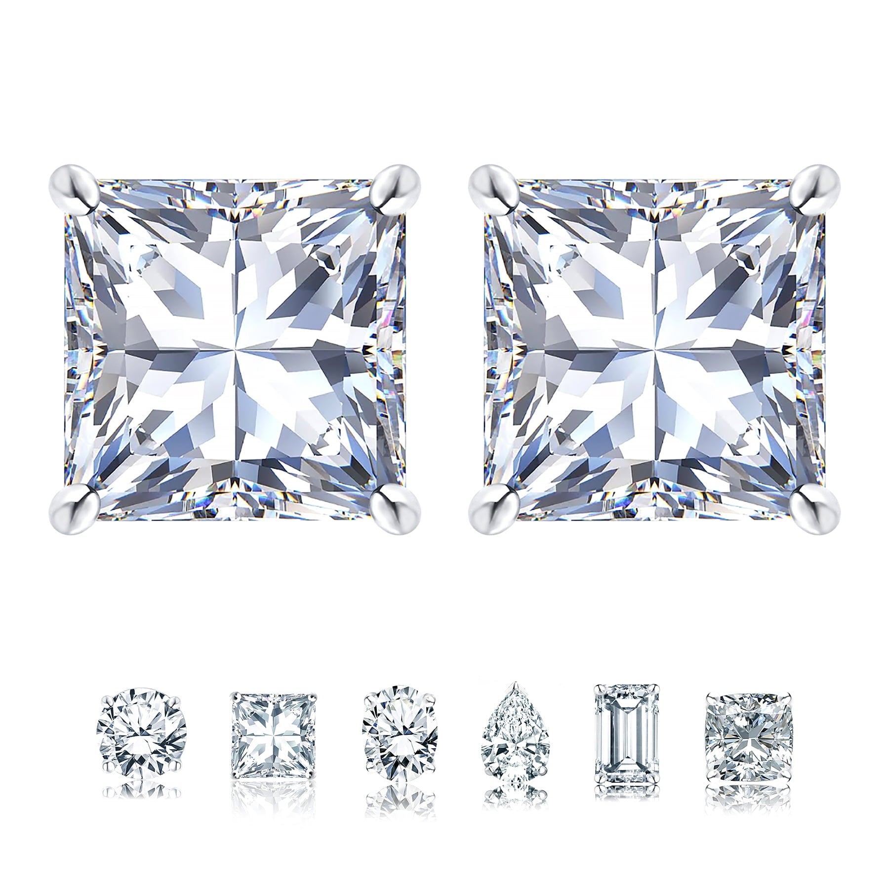 2 Carat Princess Cut Moissanite 4 Prong Solitaire Stud Earrings in 18K White Gold Plating for Women