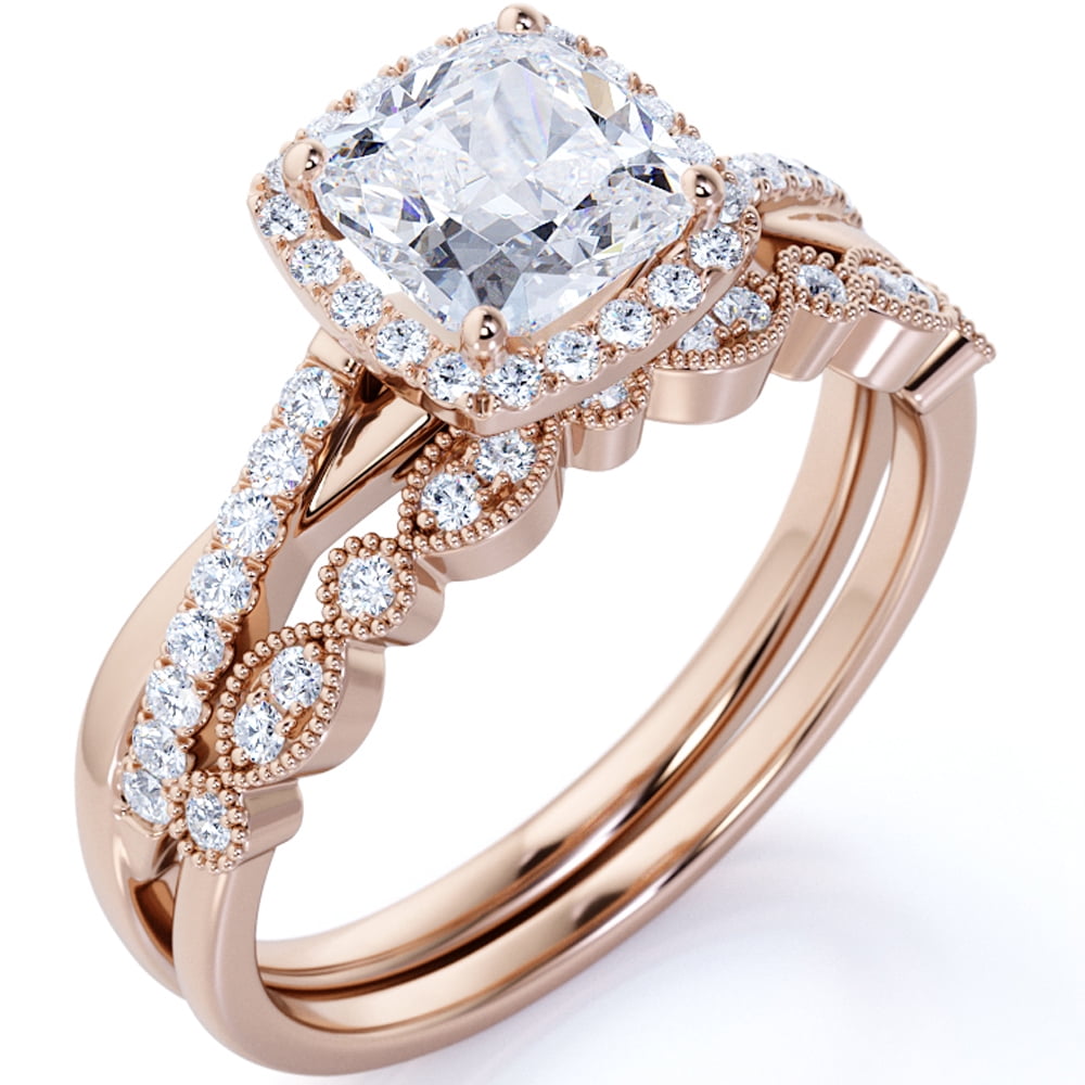 Art Deco Ring 1.75 Carat Cushion Cut Moissanite Wedding Set in 18K Rose Gold over Silver