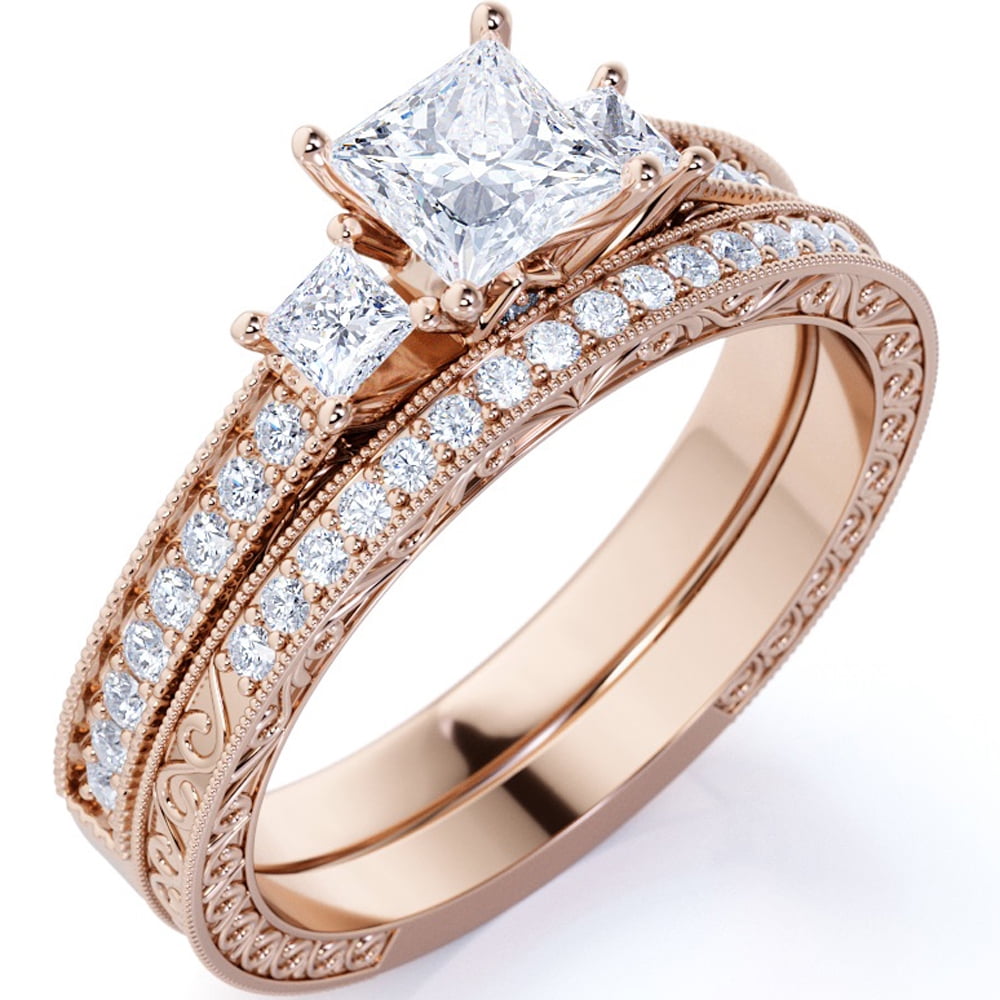 Beautiful 1.25 Carat Real Moissanite Wedding Ring Set in 18K Rose Gold over Silver