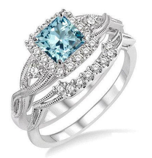 Filigree 1.75 Carat Princess Cut Created Aquamarine and Moissanite Wedding Ring Set in 18K White Gold over Silver