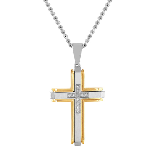 Mens 1/4 Ctw Lab-Grown Diamond Two-Tone Stainless Steel Cross Pendant Necklace