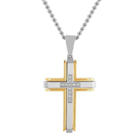 Mens 1/5 Ctw Lab-Grown Diamond Two-Tone Stainless Steel Cross Pendant Necklace -