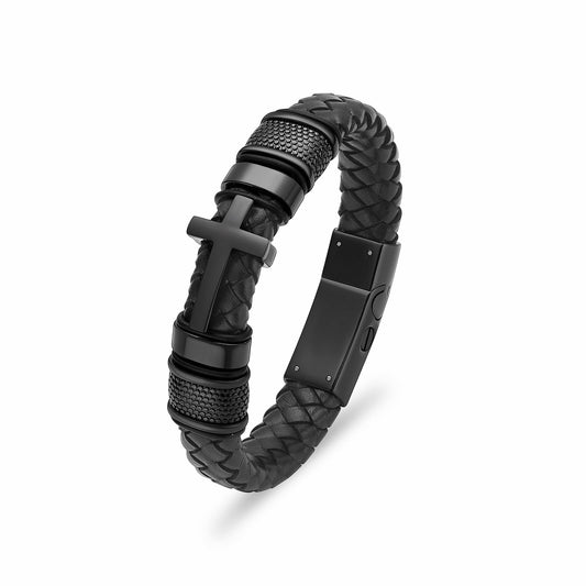Mens Double-Band Black Braided Leather Bangle Bracelets Cremation Jewelry for Ashes Wristband Memorial Urn Bangle with Cross Charm