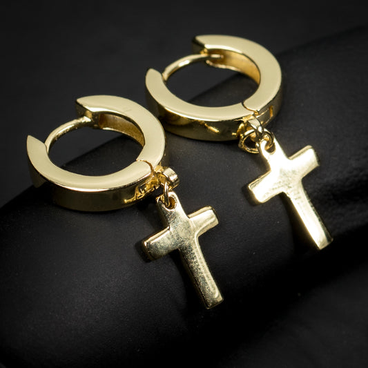 Mens Solid Gold Plated Sterling Silver Cross Dangle Hoop Huggie Earrings