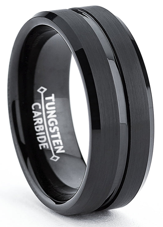 Mens Tungsten Ring Wedding Band Black Grooved Beveled Edge 8Mm