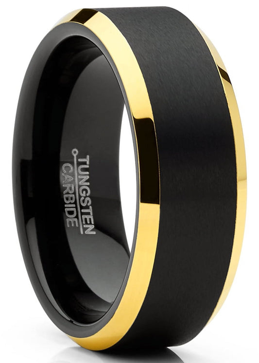 Mens Tungsten Ring Black Goldtone Wedding Band Beveled Edges Comfort-Fit 8Mm 9