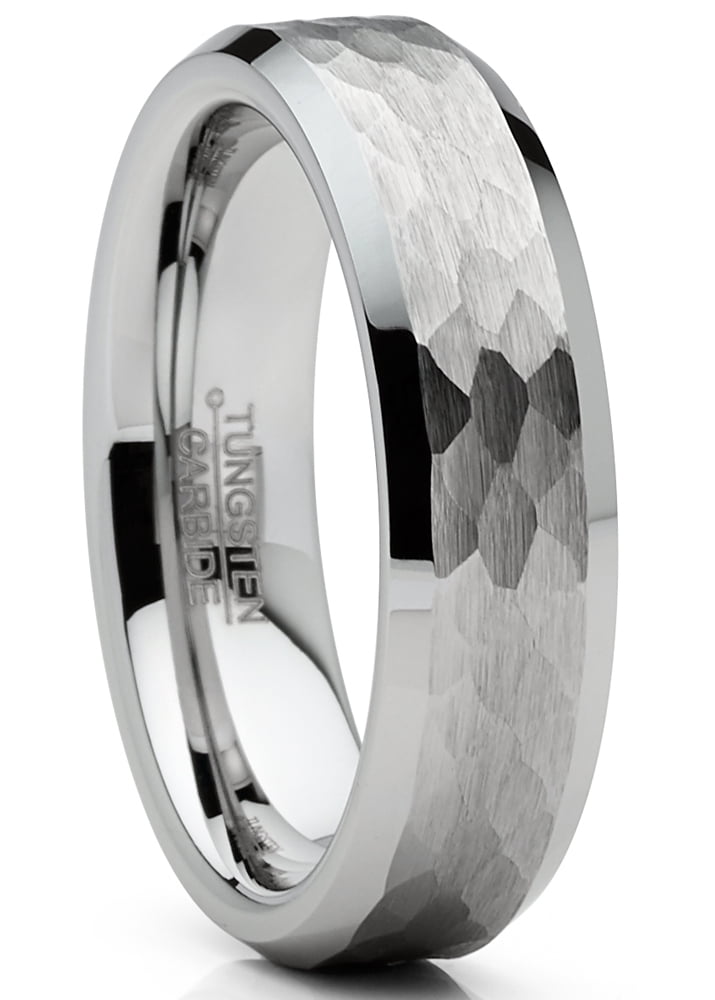 Mens Tungsten Ring Hammered Wedding Band Silvertone Comfort-Fit 6Mm