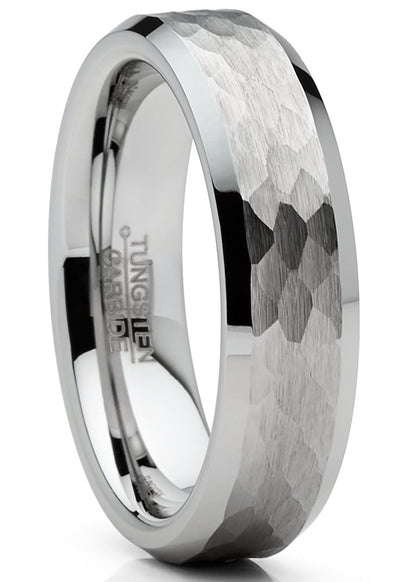 Mens Tungsten Ring Hammered Wedding Band Silvertone Comfort-Fit 6Mm