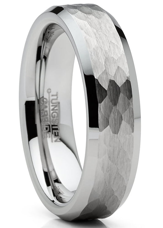 Mens Tungsten Ring Hammered Wedding Band Silvertone Comfort-Fit 6Mm