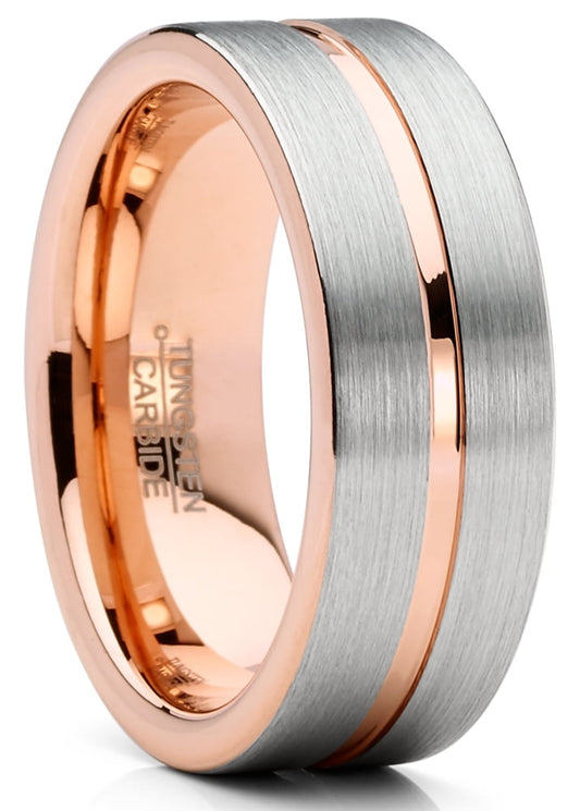 Mens Tungsten Ring Rose Goldtone Wedding Band Grooved Comfort-Fit 8Mm
