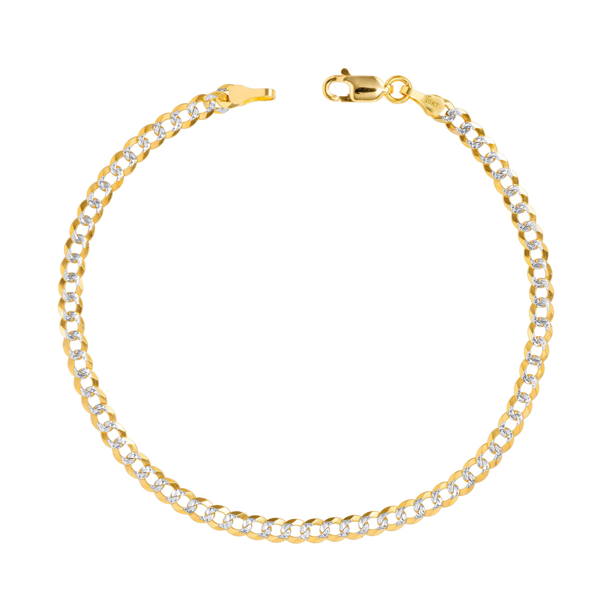 10K Real Yellow Gold Solid Cuban Curb Link 4Mm Diamond Cut Pave Chain Bracelet (7"-9") Two Tone Italian Jewelry for Men & Women