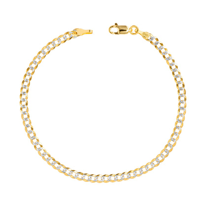10K Real Yellow Gold Solid Cuban Curb Link 4Mm Diamond Cut Pave Chain Bracelet (7"-9") Two Tone Italian Jewelry for Men & Women