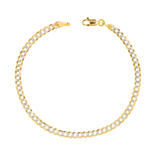 10K Real Yellow Gold Solid Cuban Curb Link 4Mm Diamond Cut Pave Chain Bracelet (7"-9") Two Tone Italian Jewelry for Men & Women