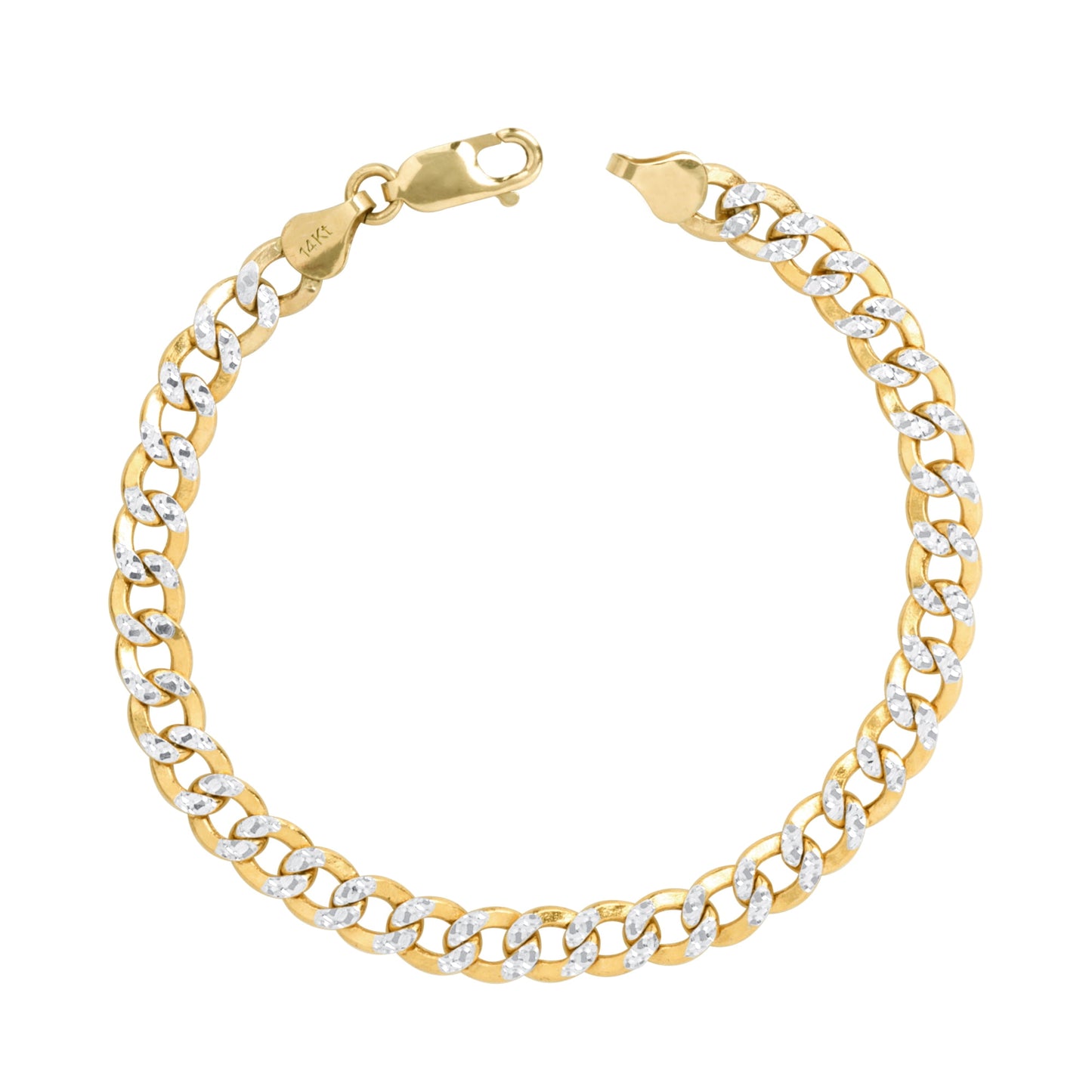 14K Real Yellow Gold Cuban Curb Link 6.5Mm Diamond Cut Pave Chain Bracelet (7"-9") Two Tone Italian Jewelry for Men
