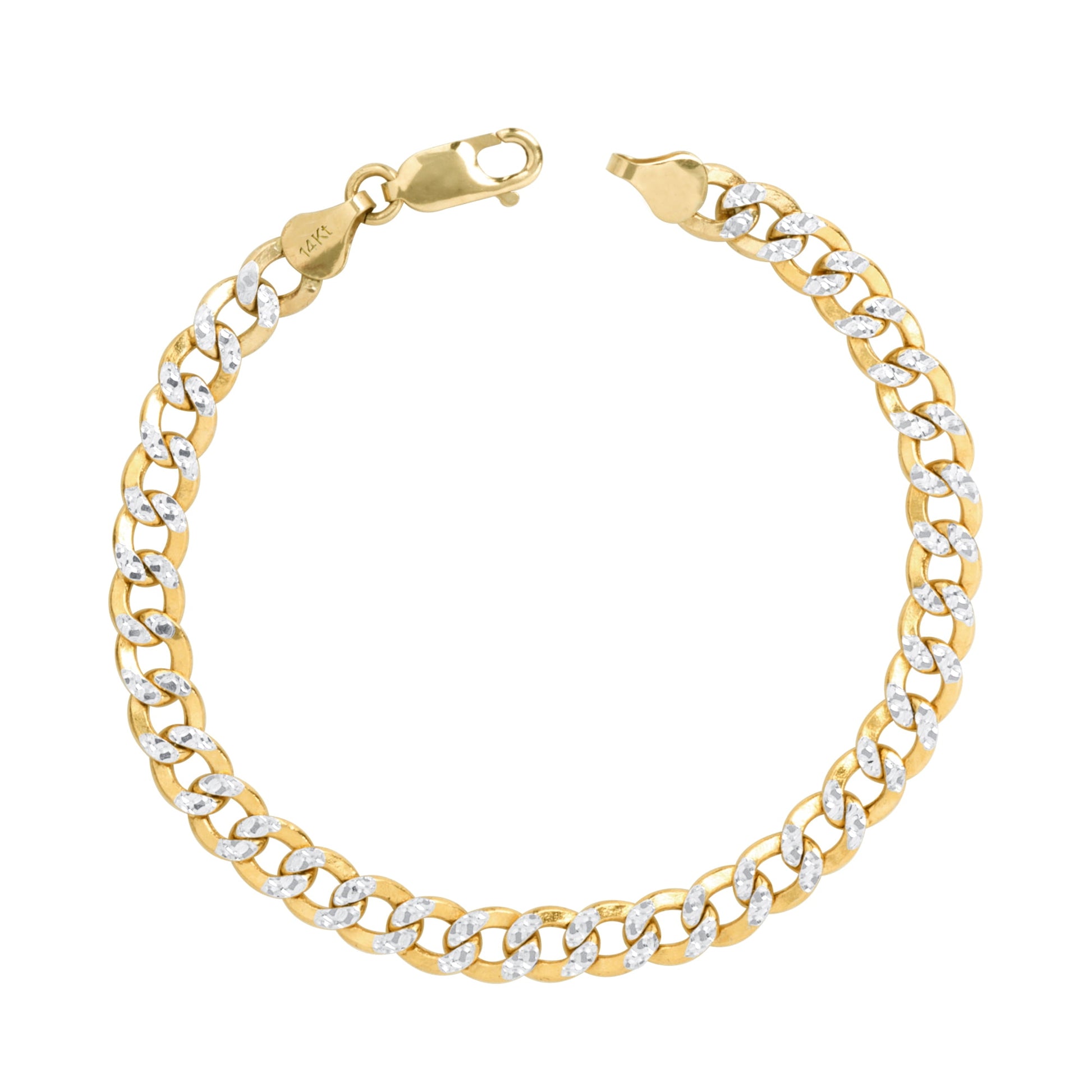 14K Real Yellow Gold Cuban Curb Link 6.5Mm Diamond Cut Pave Chain Bracelet (7"-9") Two Tone Italian Jewelry for Men