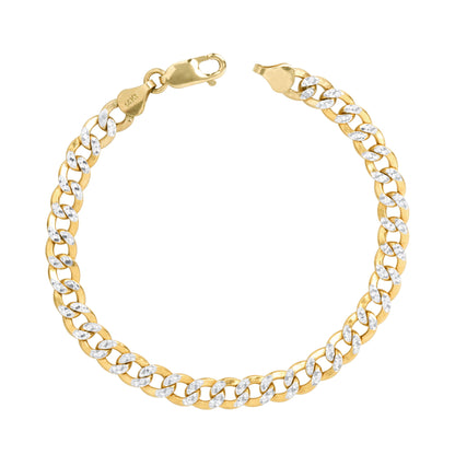 14K Real Yellow Gold Cuban Curb Link 6.5Mm Diamond Cut Pave Chain Bracelet (7"-9") Two Tone Italian Jewelry for Men