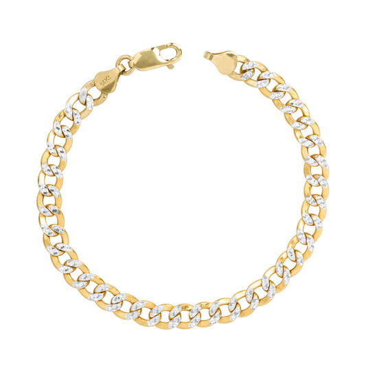 14K Real Yellow Gold Cuban Curb Link 6.5Mm Diamond Cut Pave Chain Bracelet (7"-9") Two Tone Italian Jewelry for Men