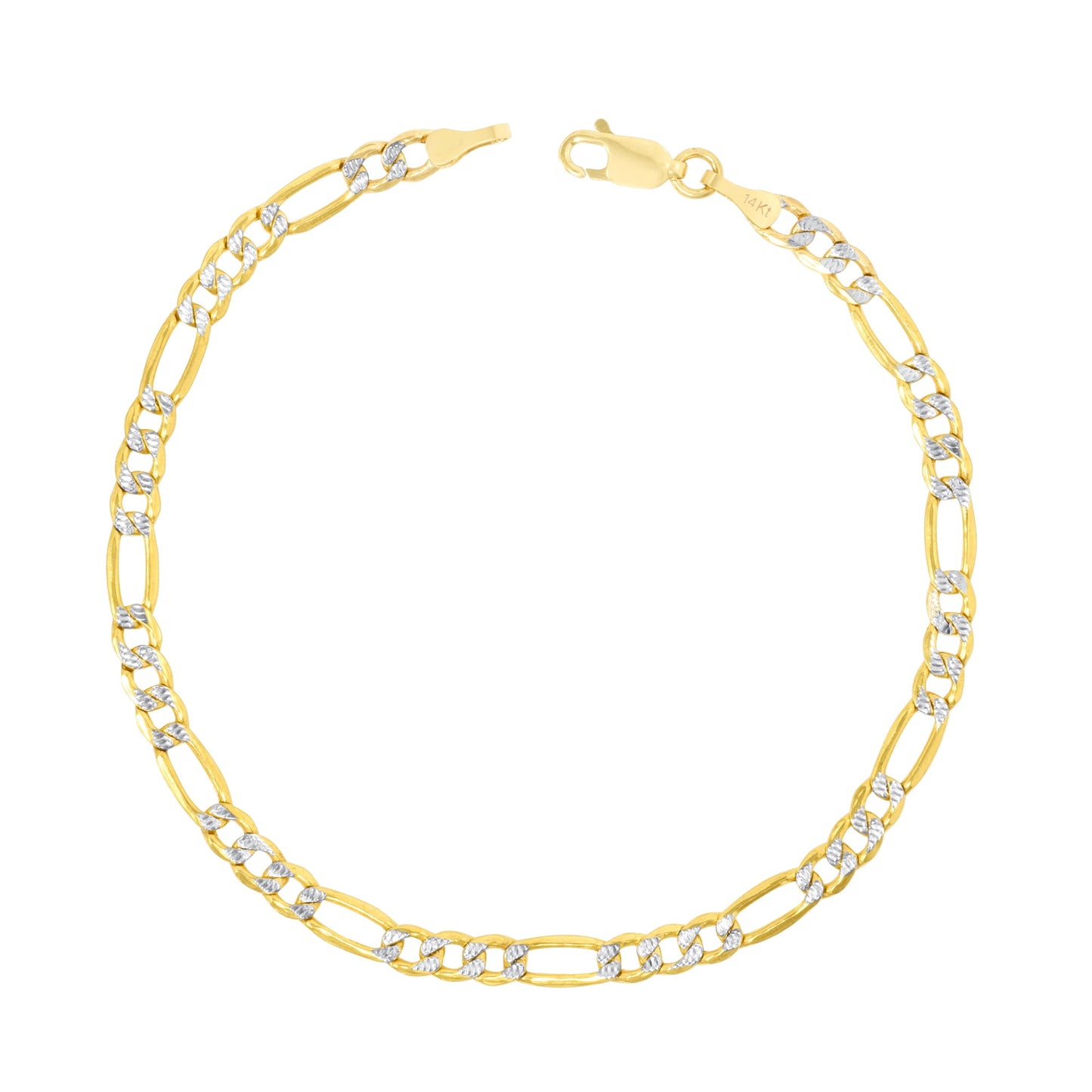 14K Real Yellow Gold Figaro Link 4.5Mm Diamond Cut Pave Chain Bracelet (7"-9") Two Tone Italian Jewelry for Men & Women