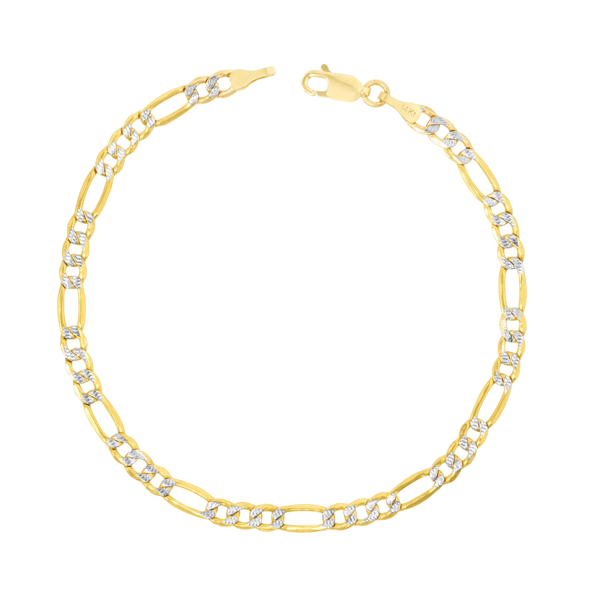 14K Real Yellow Gold Figaro Link 4.5Mm Diamond Cut Pave Chain Bracelet (7"-9") Two Tone Italian Jewelry for Men & Women