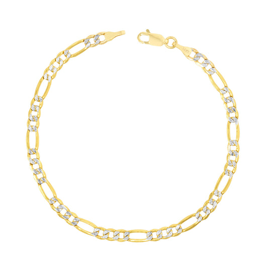14K Real Yellow Gold Figaro Link 4.5Mm Diamond Cut Pave Chain Bracelet (7"-9") Two Tone Italian Jewelry for Men & Women