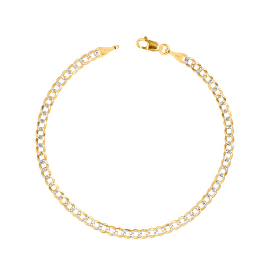 14K Real Yellow Gold Solid Cuban Curb Link 4Mm Diamond Cut Pave Chain Bracelet (7"-9") Two Tone Italian Jewelry for Men & Women