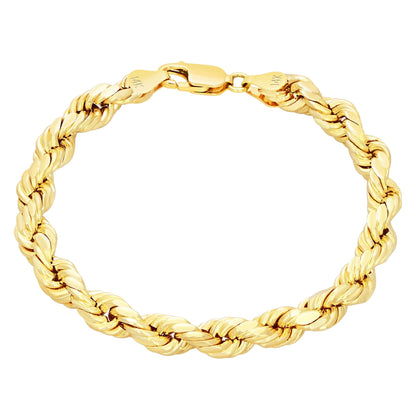 14K Yellow Gold 7Mm Rope Chain Diamond Cut Bracelet (7.5"-9") Italian Jewelry for Men