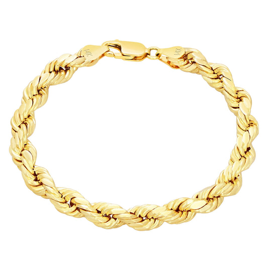 14K Yellow Gold 7Mm Rope Chain Diamond Cut Bracelet (7.5"-9") Italian Jewelry for Men