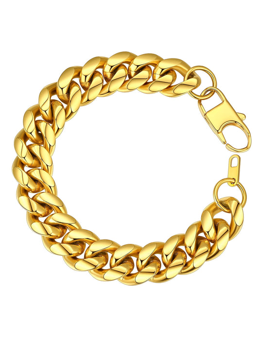 Gold Plated Bracelet for Men Chunky Cuban Bracelet 14MM 7.5 Inch Chain Bracelet Stainless Steel Gift for Him