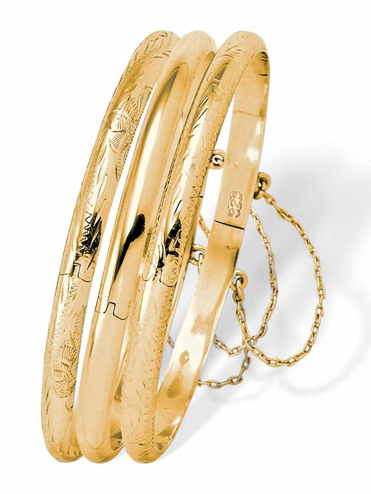 Polished, Engraved and Floral Three-Piece Bangle Set in Yellow Gold-Plated or Sterling Silver