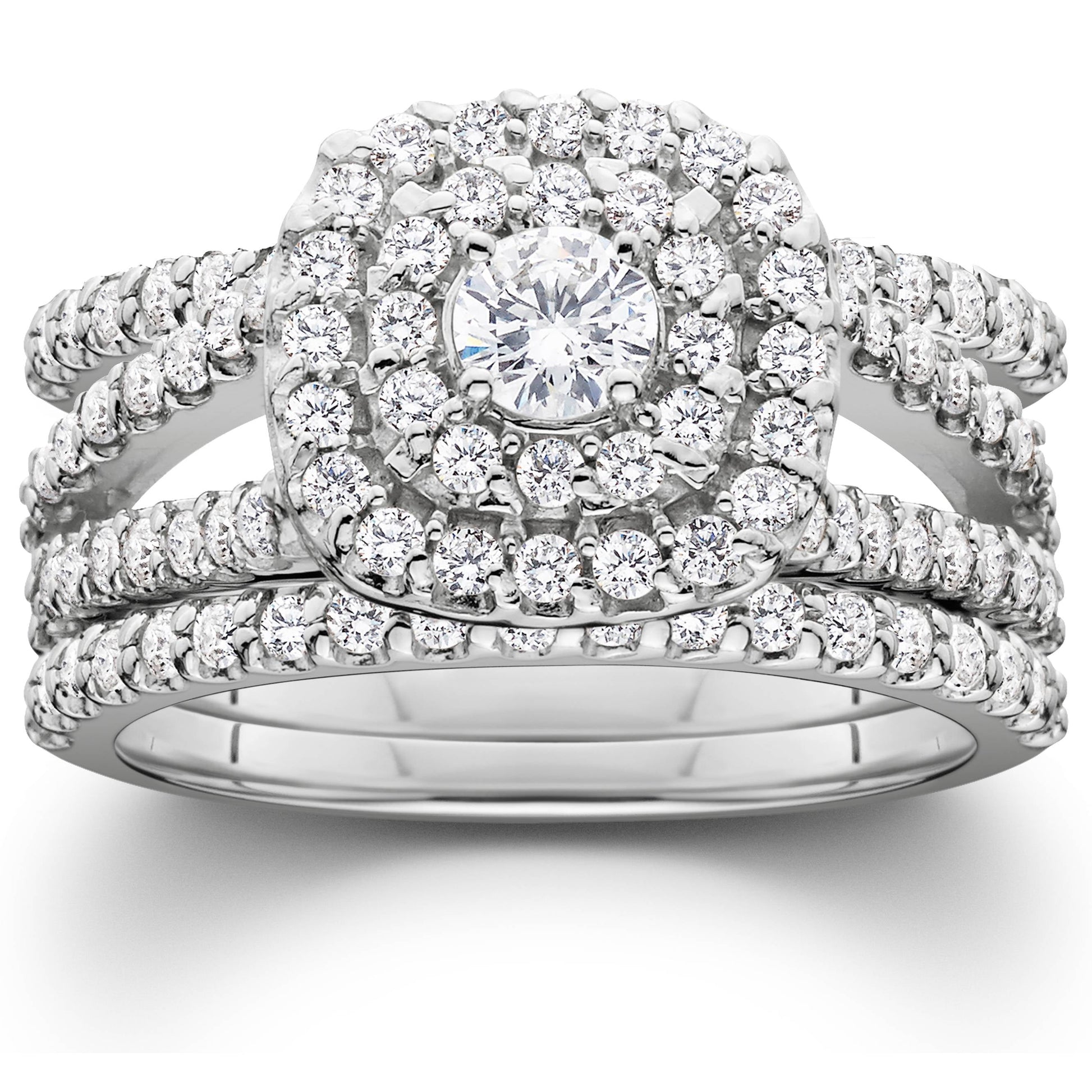 Pompeii 1 1/4Ct Diamond Engagement Cushion Halo Wedding Ring Trio Set 10K White Gold