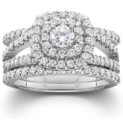 Pompeii 1 1/4Ct Diamond Engagement Cushion Halo Wedding Ring Trio Set 10K White Gold
