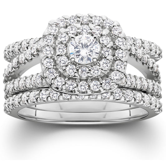 Pompeii 1 1/4Ct Diamond Engagement Cushion Halo Wedding Ring Trio Set 10K White Gold