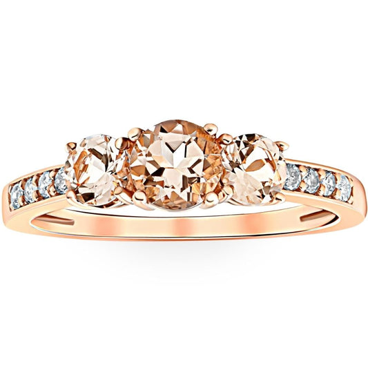 Pompeii 1Ct Morganite & Diamond 3-Stone Ring 10K Rose Gold (Peach,I1)