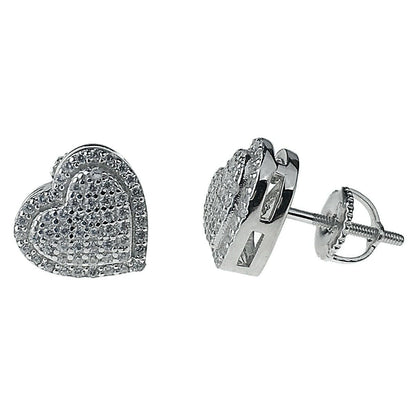 Real Solid Sterling Silver Hearts Iced Women'S Earrings Heart Shaped CZ Screw Back 925 Stamp Micro Pave