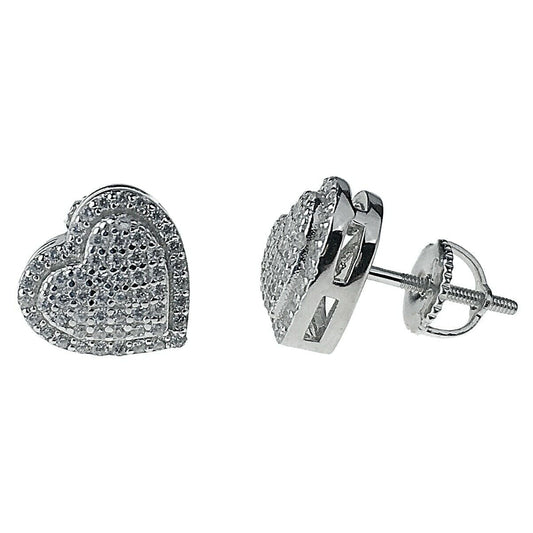 Real Solid Sterling Silver Hearts Iced Women'S Earrings Heart Shaped CZ Screw Back 925 Stamp Micro Pave