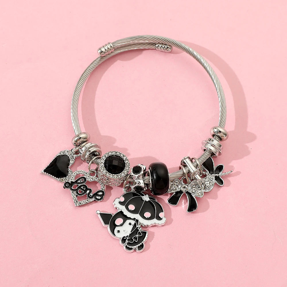 Hot Selling Sanrio Charm Bracelets for Women with Black Crystal Beads Bow Pendant DIY Bracelets Kuromi Fashion Jewelry