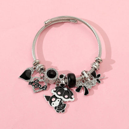 Hot Selling Sanrio Charm Bracelets for Women with Black Crystal Beads Bow Pendant DIY Bracelets Kuromi Fashion Jewelry