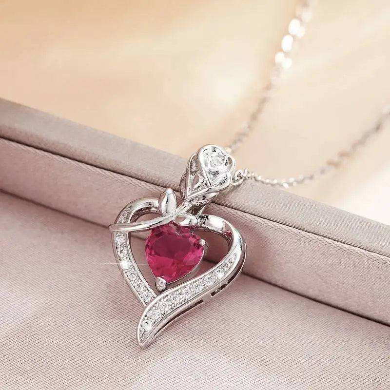 925 Sterling Silver Birthstone Necklace Rose Flower Heart Pendant Jewelry Christmas Valentines Mother'S Day Gifts for Women Mom Wife/Lover