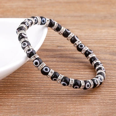 Hot Sale Lucky Evil Eye Handmade Elastic Rope Bracelets Glass Beads and 6MM Crystal 8 Colors Fine Party Adjustable Jewelry