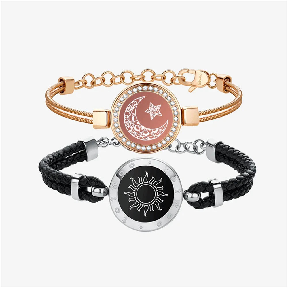 Long Distance Touch Light Up&Vibrate Bracelets for Couples, Long Distance Relationship Gifts Smart Sun&Moon Love Bracelet